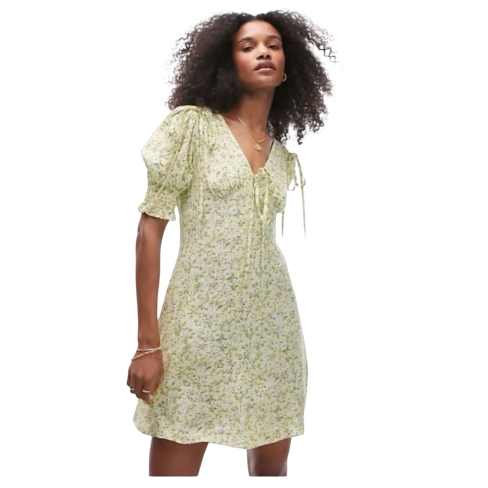 Topshop mini dress with tie detail in yellow ditsy floral Size US 6 NWT
